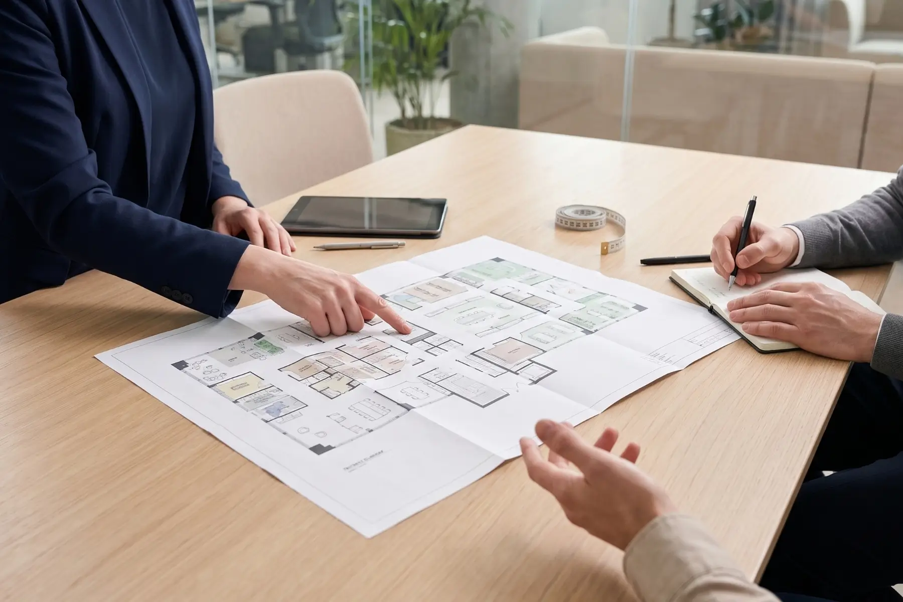 Varias personas revisan planos arquitectónicos sobre una mesa; una señala un detalle y otra toma notas