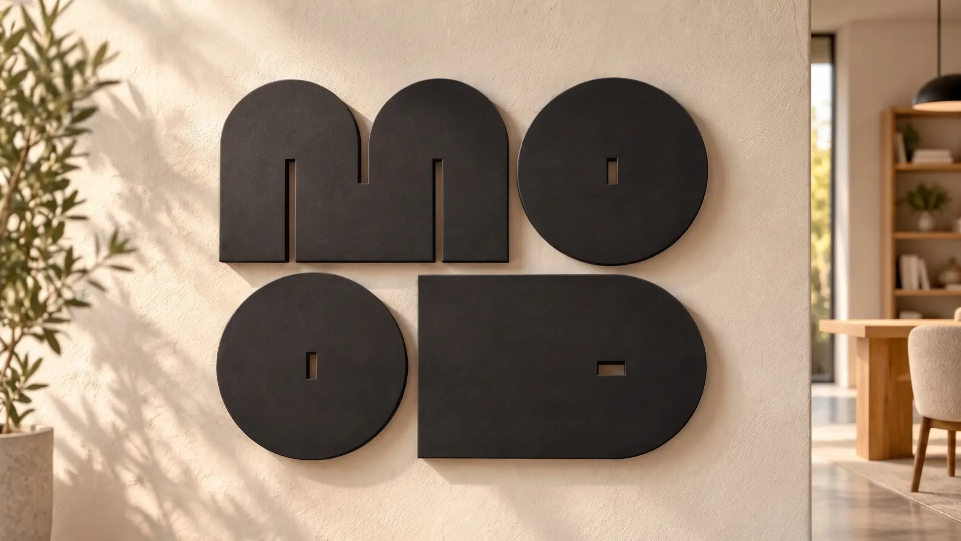Logotipo MOOD furniture con letras negras en relieve que forman la palabra «MOOD» sobre una pared, junto a una planta y un salón. Imagen principal de la página Sobre Nosotros