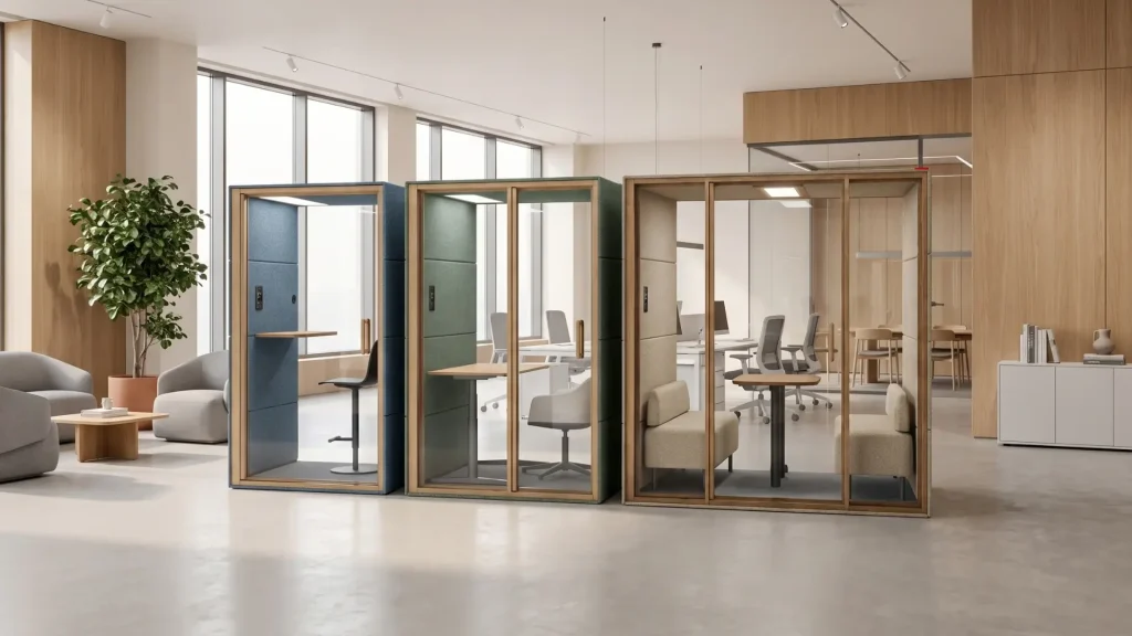 Oficina luminosa con tres cabinas de trabajo (Spot, Focus e Chat2), zonas de reunión y un área de descanso