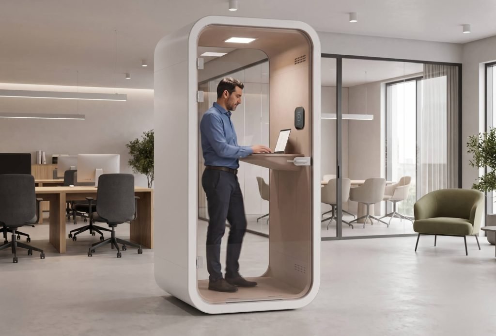Un hombre trabaja con un portátil dentro de una cabina acústica MOOD Hybrid en una oficina moderna