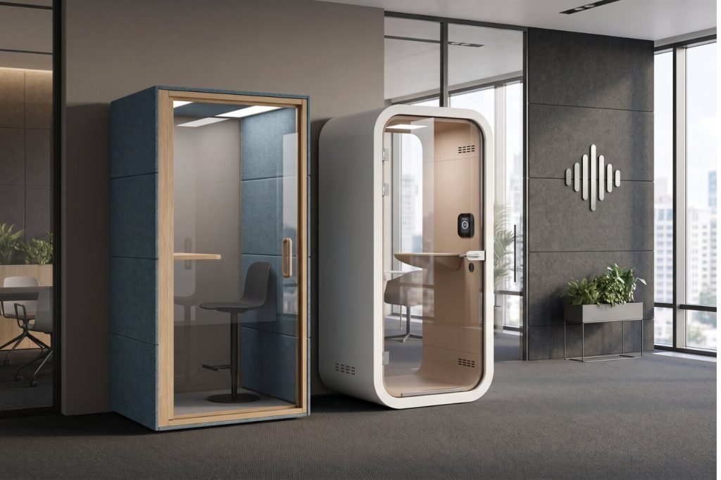 Dos cabinas acústicas individuales para oficinas, la Spot y MOOD Phone, una azul con marco de madera y otra blanca con formas redondeada. Guía de Insonorización