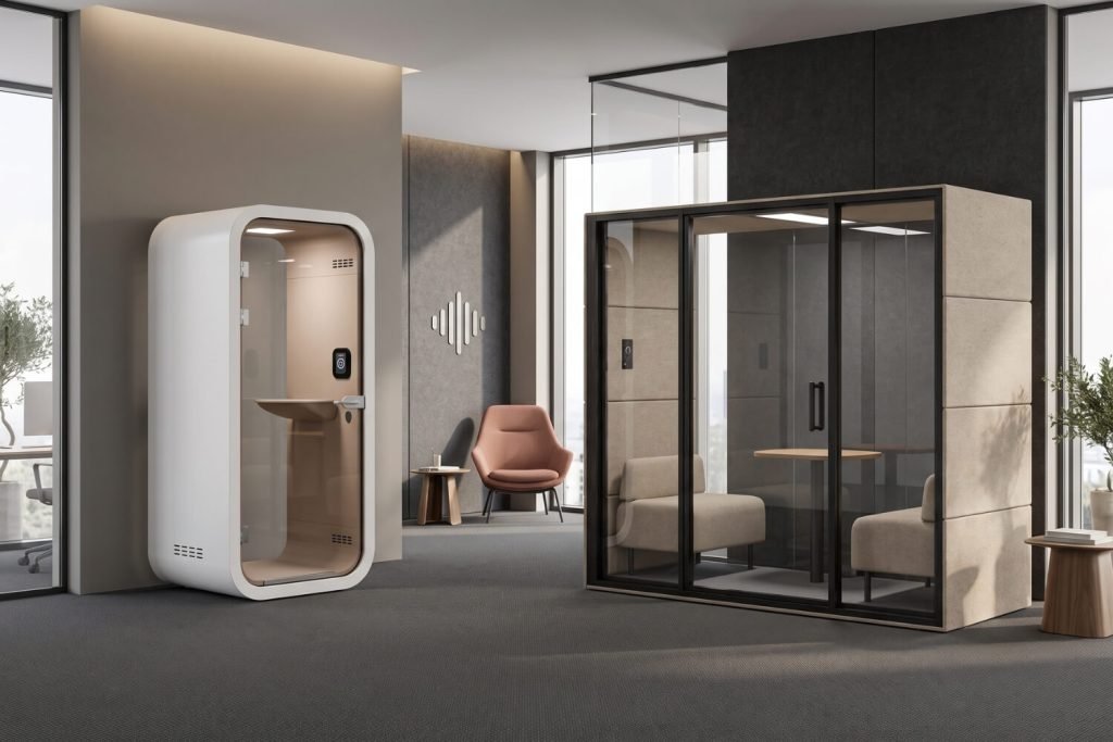Oficina moderna con dos cabinas acústicas, una individual MOOD Meet y otra Chat2 GEN4 para reuniones, junto a un sillón
