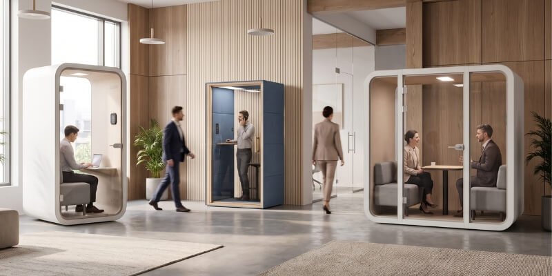¿Por qué elegir MOOD? 6 Oficina moderna con cabinas acústicas MOOD Meet, MOOD Hybrid e Spot GEN4: varias personas trabajan, conversan o caminan entre ellas