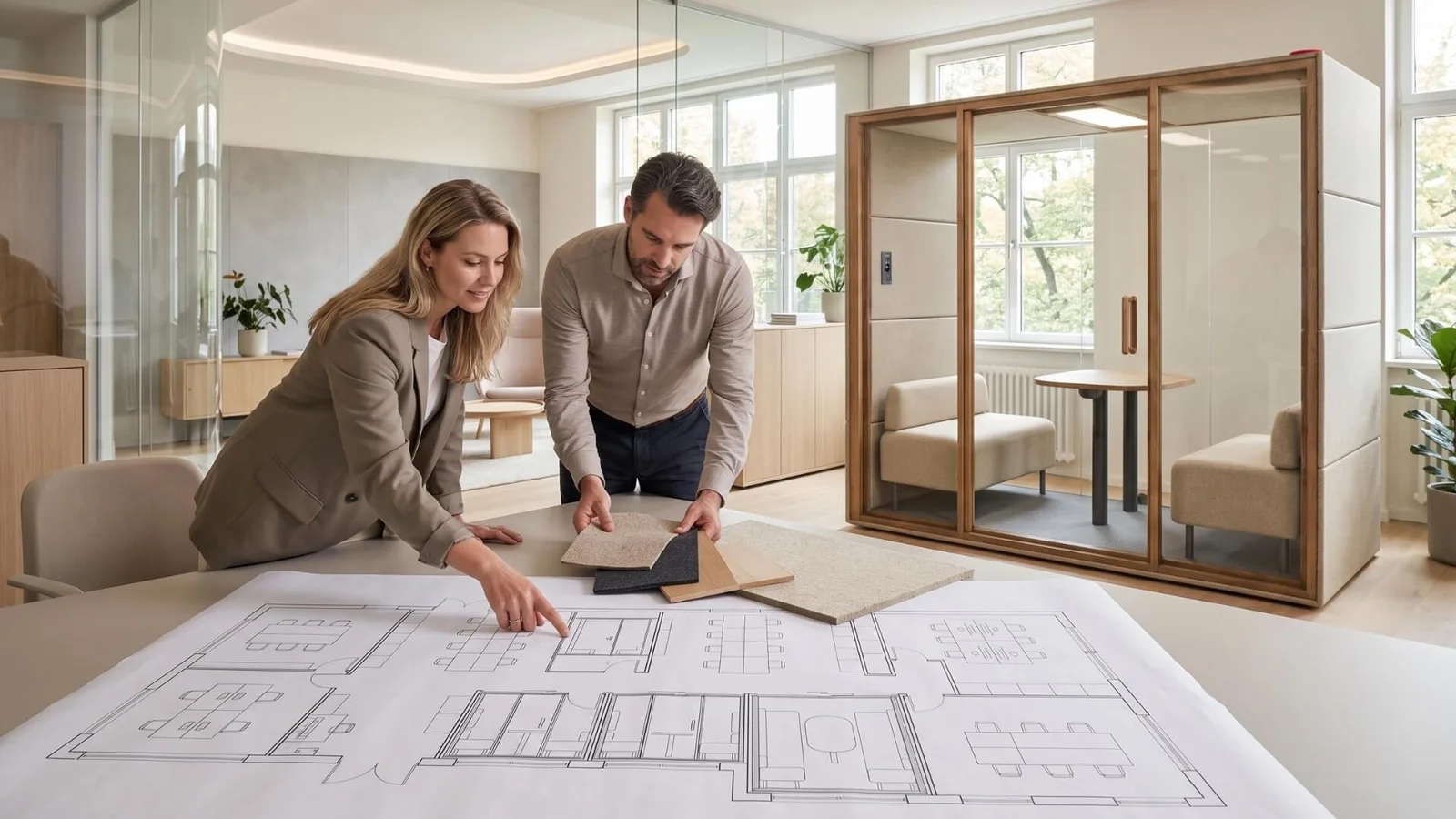Una pareja revisa un plano arquitectónico y muestras de materiales en un interior amueblado con cabina acústica Chat4 Arquitectos y diseñadores de interiores