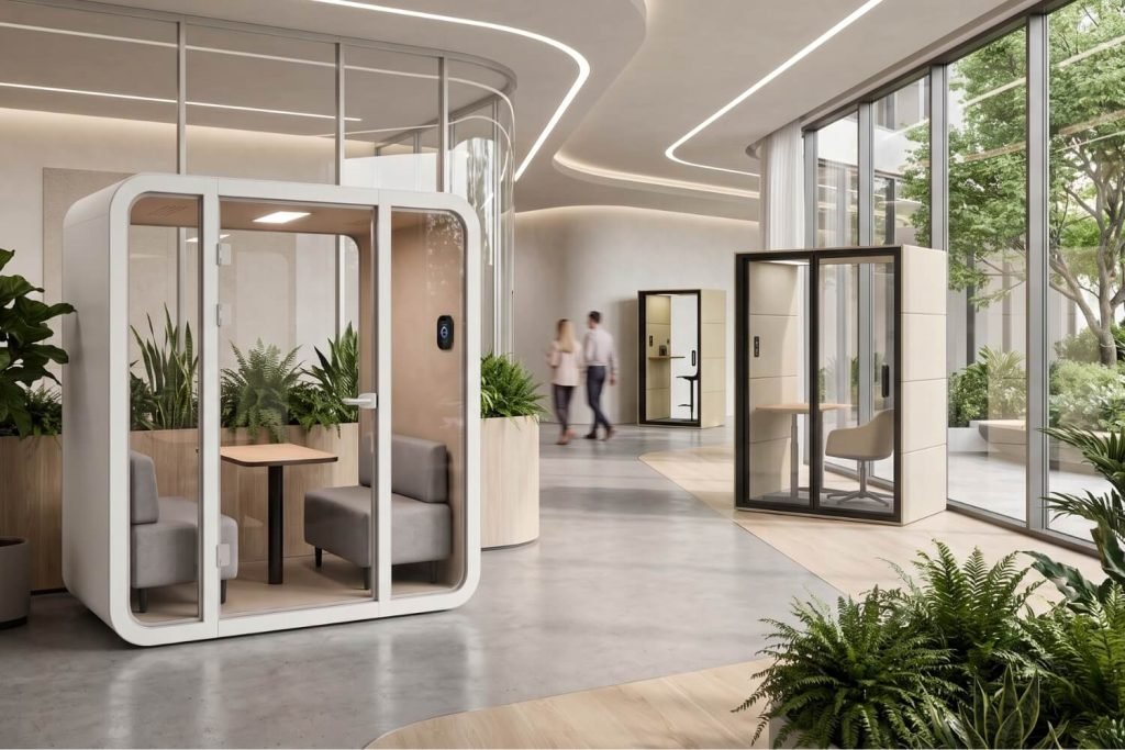 Interior moderno de oficina con cabinas acústicas MOOD Meet, Focus GEN4 y Spot GEN4, plantas, grandes ventanales y dos personas caminando