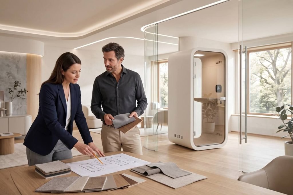 Dos profesionales revisan planos y muestras de materiales junto a una cabina modular MOOD Phone en un interior moderno