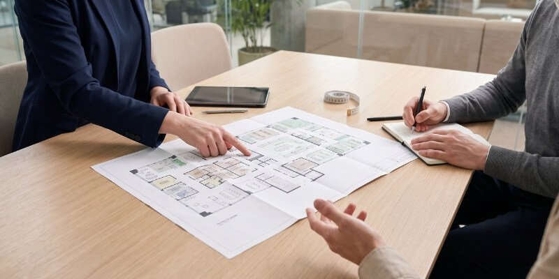 ¿Por qué elegir MOOD? 7 Varias personas revisan un plano arquitectónico sobre una mesa; una señala el diseño y otra toma notas
