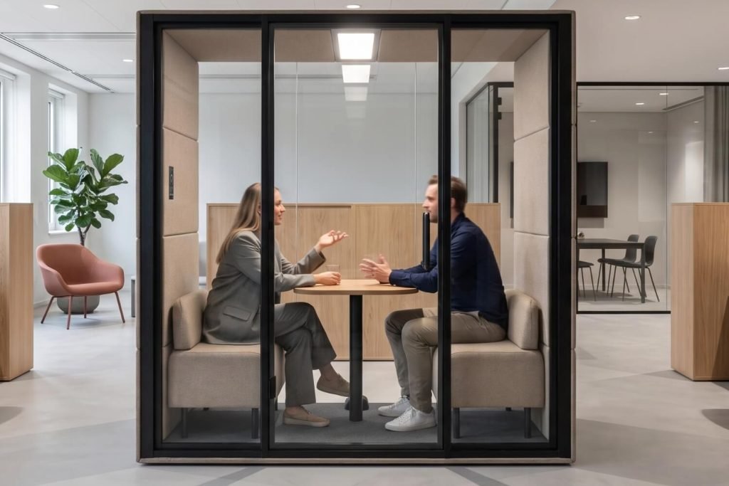Dos personas conversan sentadas frente a frente en una cabina insonorizada Chat2 GEN4 dentro de una oficina