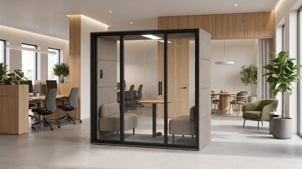 Oficina moderna con una cabina acústica GEN4 de reuniones, escritorios, sillas, plantas y una zona de descanso