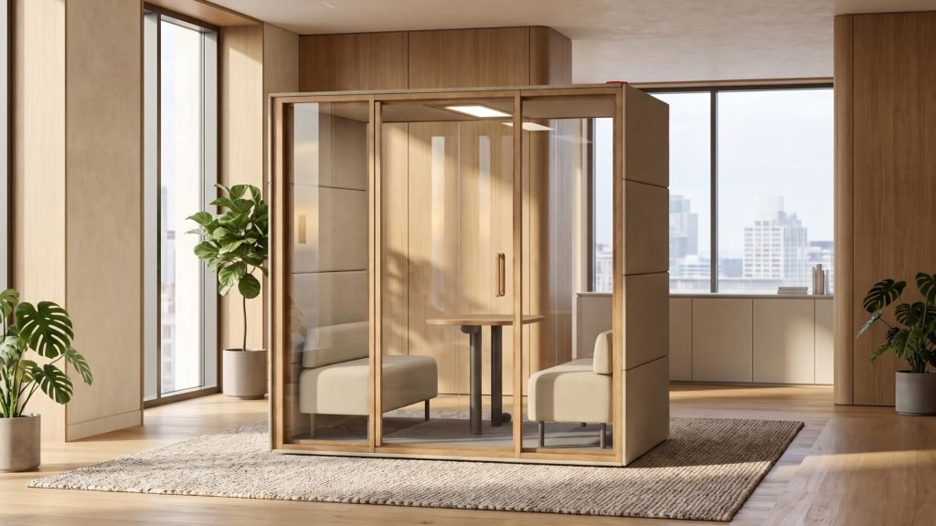 Interior de oficina moderna con una cabina cabina acústica Chat4 GEN4 con detalles de madera, sofas, mesa, plantas y vistas urbanas