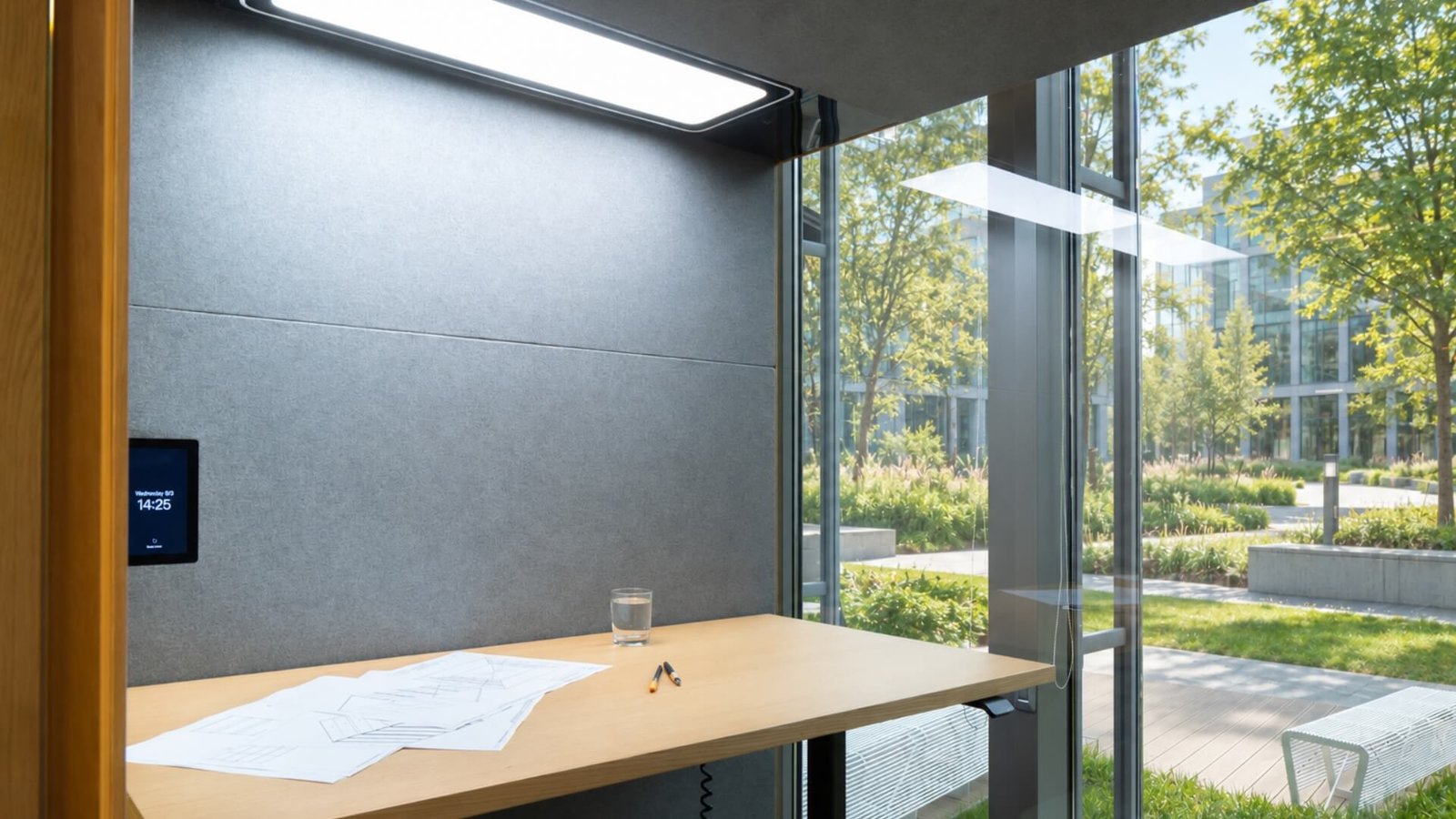 Detalles de interior de una cabina acústica Focus GEN4 con mesa de trabajo, planos, lápices y vaso de agua junto a grandes ventanales con jardín exterior