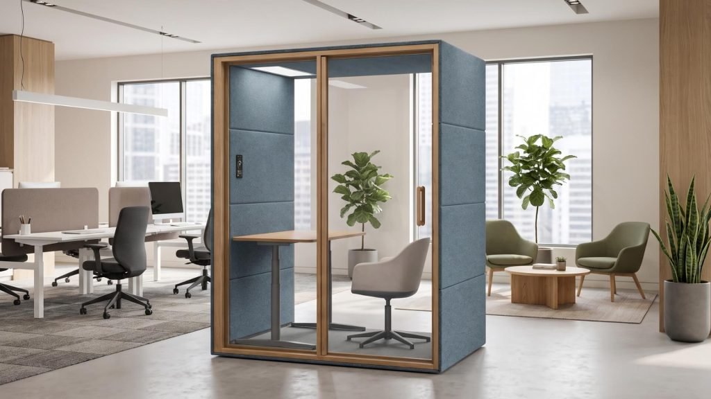Cabina acústica Focus GEN4 con puerta y paneles azules en una oficina moderna, con mesa de trabajo y sillón en su interior