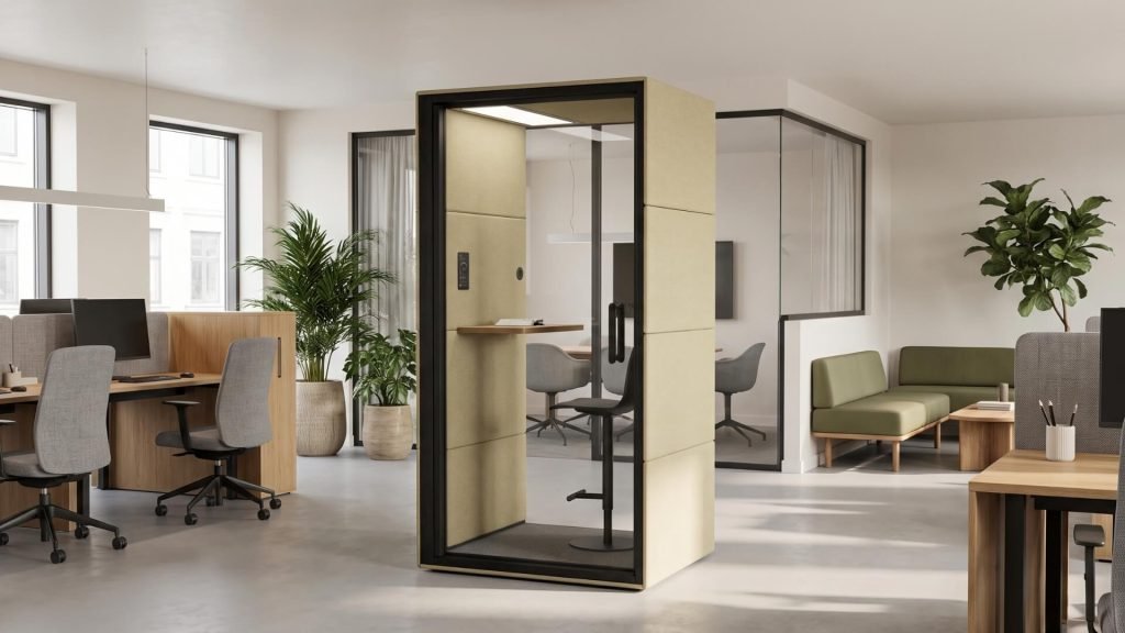 Oficina moderna con cabina insonorizada Spot GEN4, puestos de trabajo, plantas y zona de descanso
