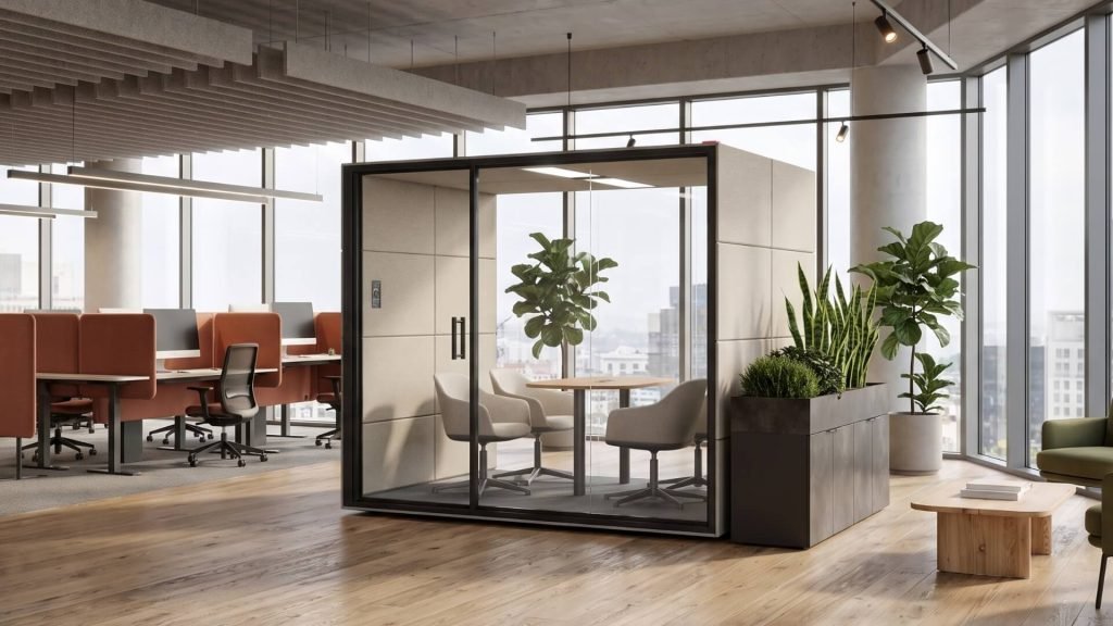 Oficina moderna con puestos de trabajo y cabina acústica Summit4 GEN4, plantas y grandes ventanales con vistas urbanas