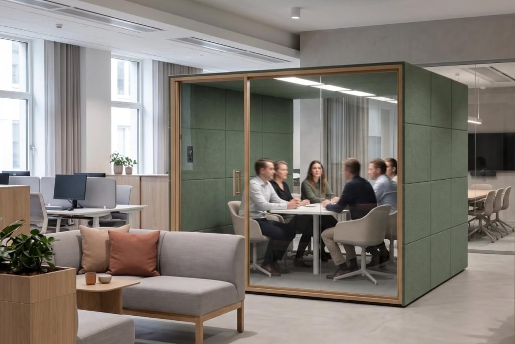 Seis personas reunidas alrededor de una mesa en una cabina acústica Summit6 GEN4 verde de una oficina