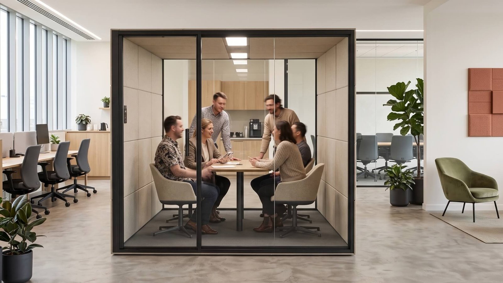 Seis personas reunidas alrededor de una mesa en una cabina insonorizada Summit6 GEN4 de una oficina moderna