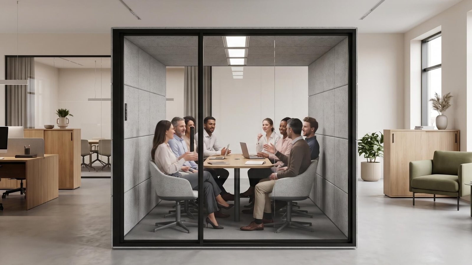 Ocho profesionales reunidos en una cabina insonorizada Summit8 GEN4 de una oficina, conversando alrededor de una mesa con ordenadores