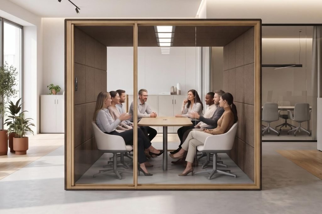 Grupo de profesionales reunidos alrededor de una mesa en una cabina insonorizada Summit8 GEN4