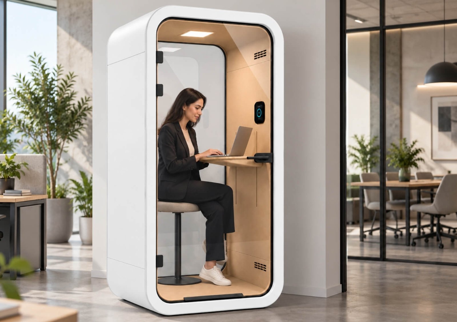 Una mujer trabaja con un portátil dentro de una cabina de oficina insonorizada MOOD Hybrid blanca
