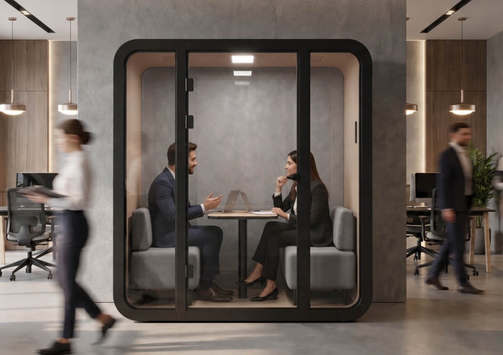 Dos profesionales conversan en una cabina insonorizada MOOD Meet dentro de una oficina, mientras otras personas caminan alrededor