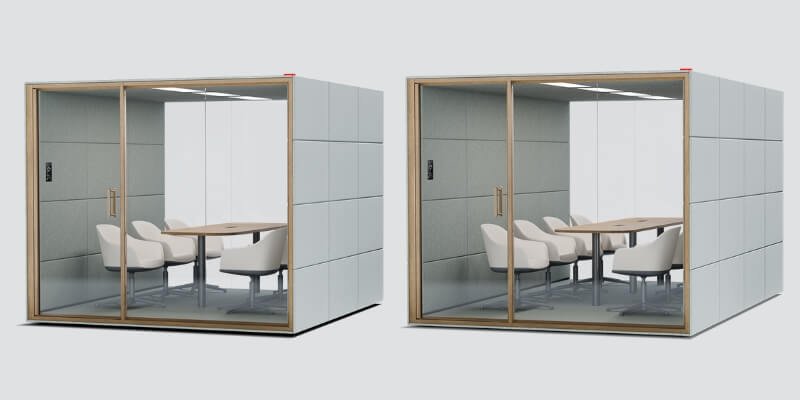 ¿Qué cabina acústica elegir? 11 Dos cabinas acústicas Summit6 y Summit8 para reuniones, con mesa de trabajo y cuatro sillas cada una