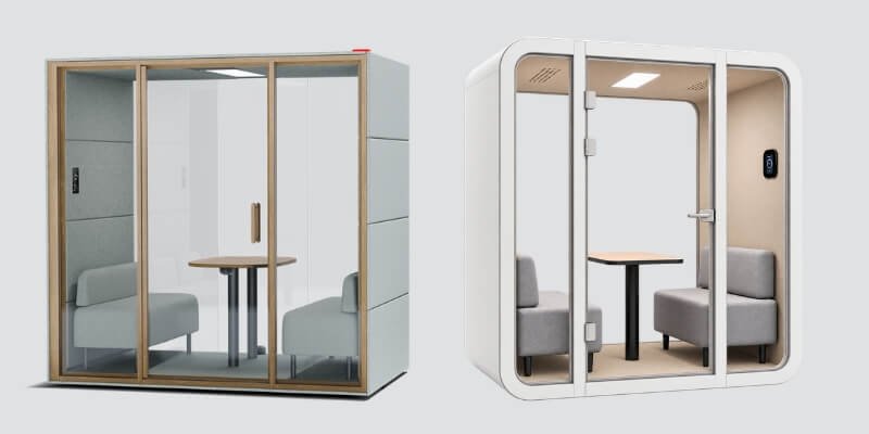 ¿Qué cabina acústica elegir? 10 Dos cabinas acústicas de oficina MOOD Meet y Chat4 GEN4, con asientos y una mesa en su interior