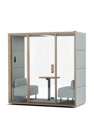 Cabina acústica Chat2 GEN4 de reunión acristalada con dos sillones y una mesa de trabajo