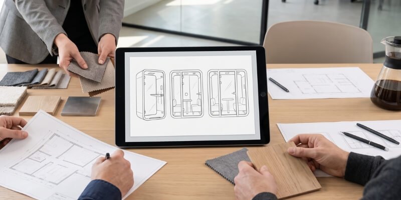 ¿Por qué elegir MOOD? 8 Personas comparan muestras de materiales y planos de distribución, mientras consultan diseños en una tableta