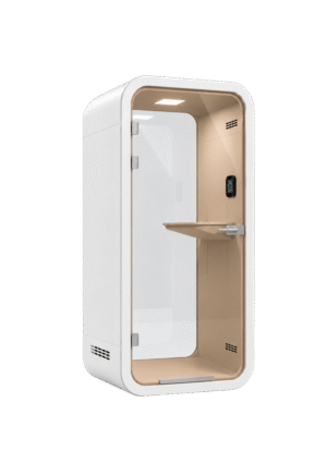 Cabina MOOD Hybrid cerrada blanca y beige, con puerta de vidrio, panel de control, iluminación y rejillas de ventilación