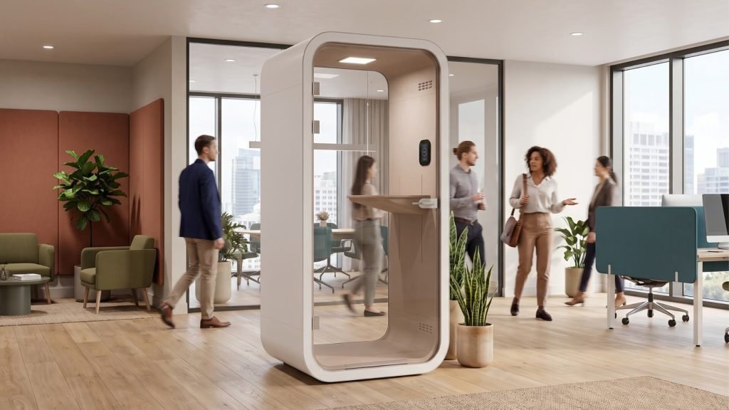 Oficina moderna con una cabina acústica MOOD Hybrid y varias personas caminando y conversando