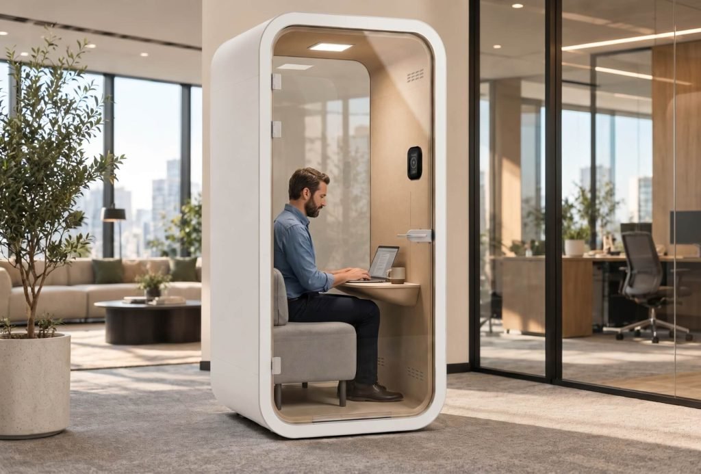 Un hombre trabaja con un portátil dentro de una cabina insonorizada MOOD Hybrid en una oficina moderna