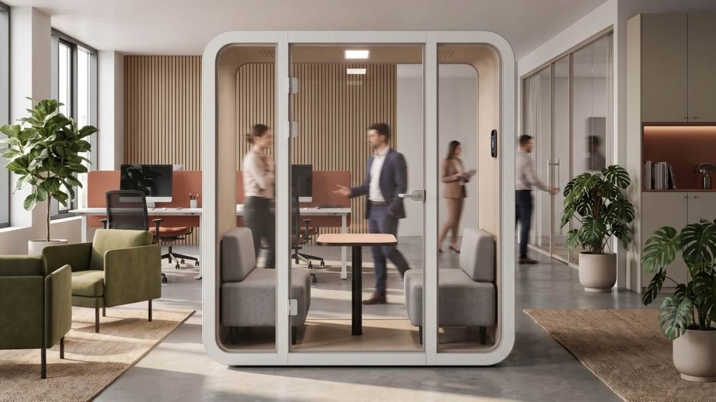 Oficina moderna con una cabina acústica MOOD Meet, puestos de trabajo, sofás y varias personas caminando. Elegir MOOD furniture