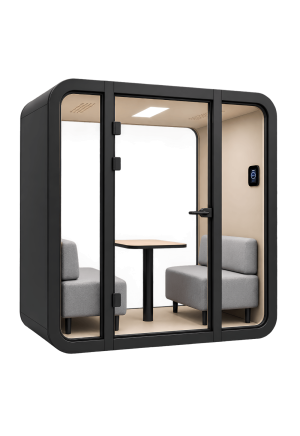 Cabina acústica de reuniones MOOD Meet de color negro con puerta de cristal, dos bancos acolchados y una mesa