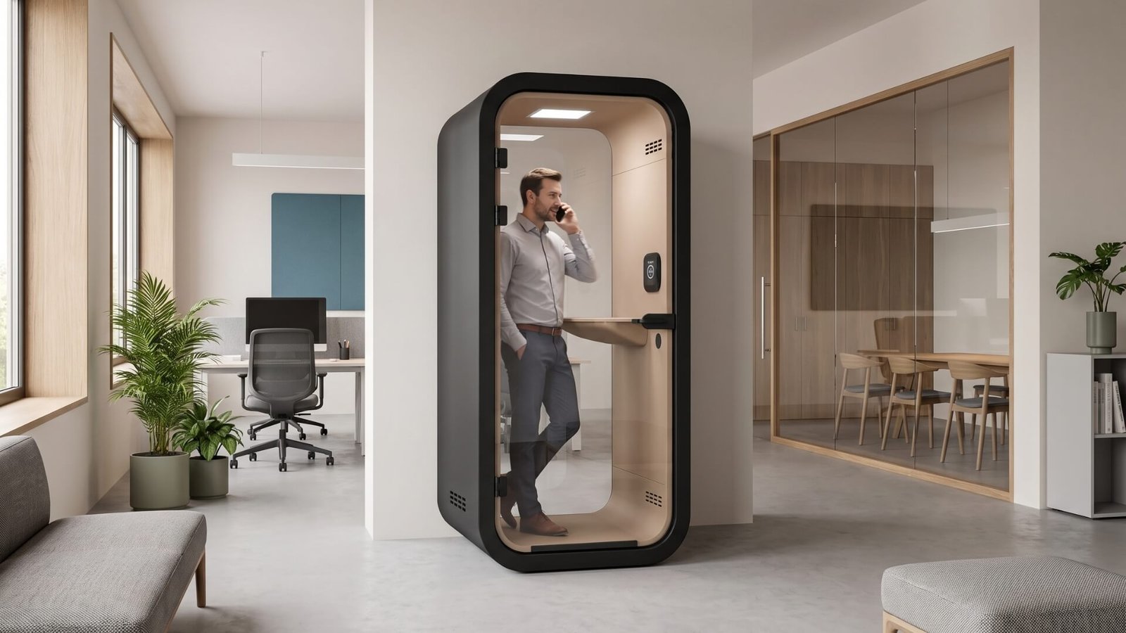 ¿Qué cabina acústica elegir? 2 MOOD Phone Cabina Acustica MOOD Color Negro Imagen de Ambiente MOOD furniture ES - MOOD Phone Cabina Acustica MOOD Color Negro Imagen de Ambiente MOOD furniture ES