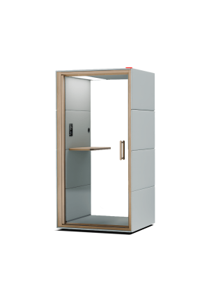 Cabina acústica Spot GEN4 modular abierta, revestida con paneles grises y marco de madera, con una repisa interior