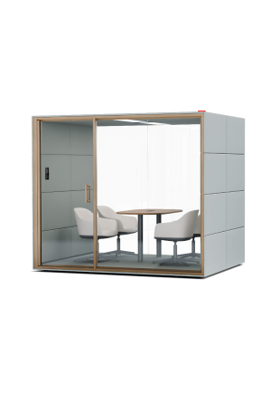 Cabina de reunión Summit4 GEN4 con mesa de trabajo y cuatro sillones. Imágen de producto