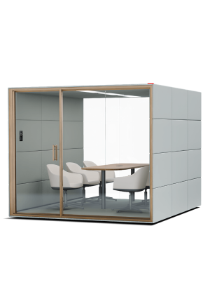 Imágen de producto de la cabina acústica Summit6 GEN4 con mesa central y cuatro sillas